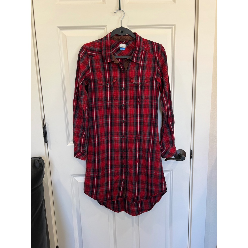 Kavu Jurnee Red Plaid Flannel Elbow Patch Shirt Dress Size Small